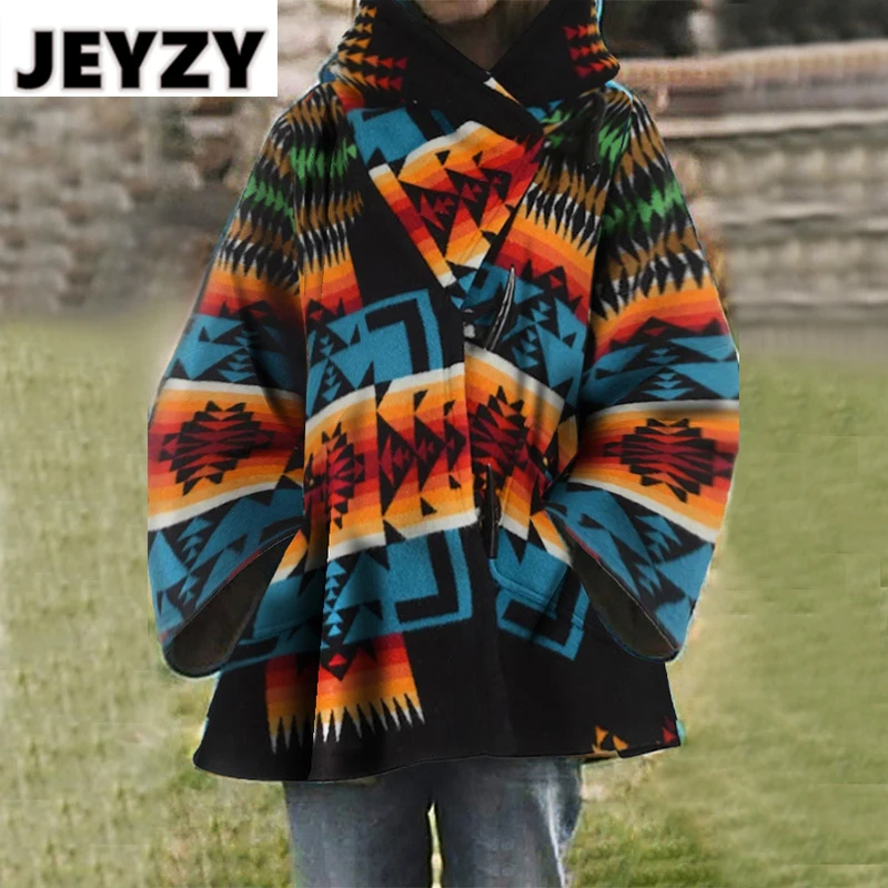 

Vintage Geometry Print Hooded Long Jacket Women Autumn Winter 2020 Casual Oversized Woolen Coat Female Thick Warm Loose Outwear