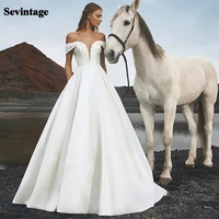 sevintage boho wedding dress 2021 satin v neck a line off the shoulder sleeveless lace appliques backless vintage bride gowns