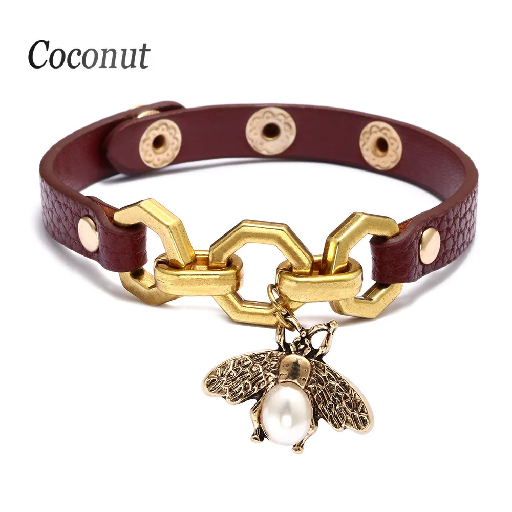 

New Vivid Bee Pendant Leather Charms Bracelets & Bangles For Women Brown Red Leather Bracelet Snaps Wristlet Female Jewelry 2021