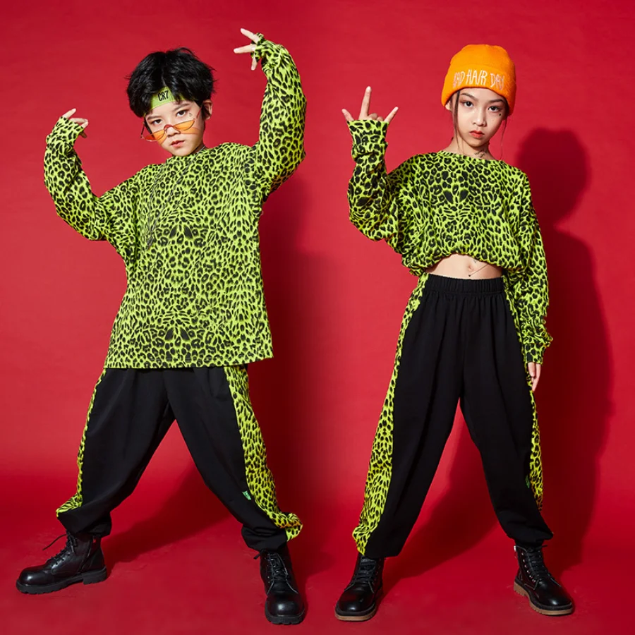 

Girls Hip Hop Crop Top Boys Leopard Sweatshirt Kids Streetwear Clothing Child Jazz Street Dance Costumes Teens Stage Dancewear