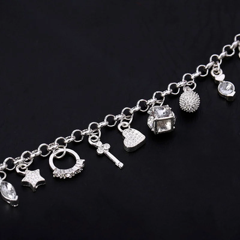 

925 Sterling Silver Fashion 13pcs Pendant Chain Charm Bracelet for Women for Teen Girls Lady Gift Women Fine Jewelry