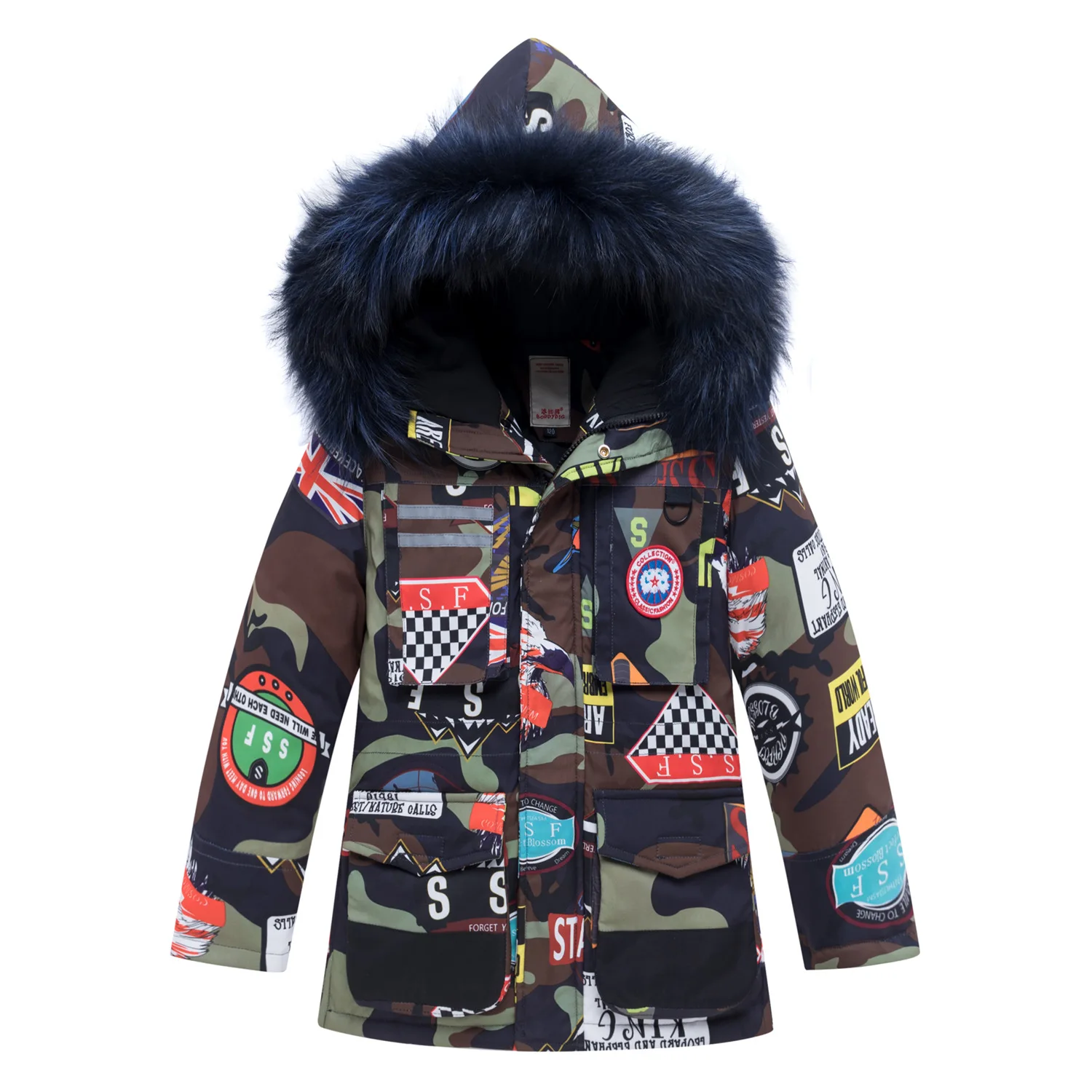 

Детская зимняя теплая длинная одежда камуфляжные толстовки на молнии для больших мальчиков и девочек утепленная куртка на утином пуху 80%