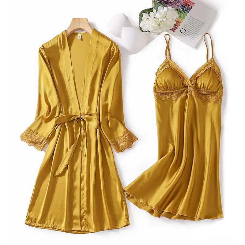 

Nighty&Robe Set Women Summer Sleepwear Sexy Lace 2PCS Sleepwear V-neck Twinset Robe Set Femme Kimono Gown Casual Sleep Set