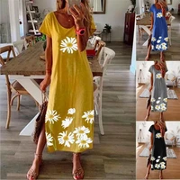 2021 hot selling spring and summer large size split daisy print womens hem slit mid length dress