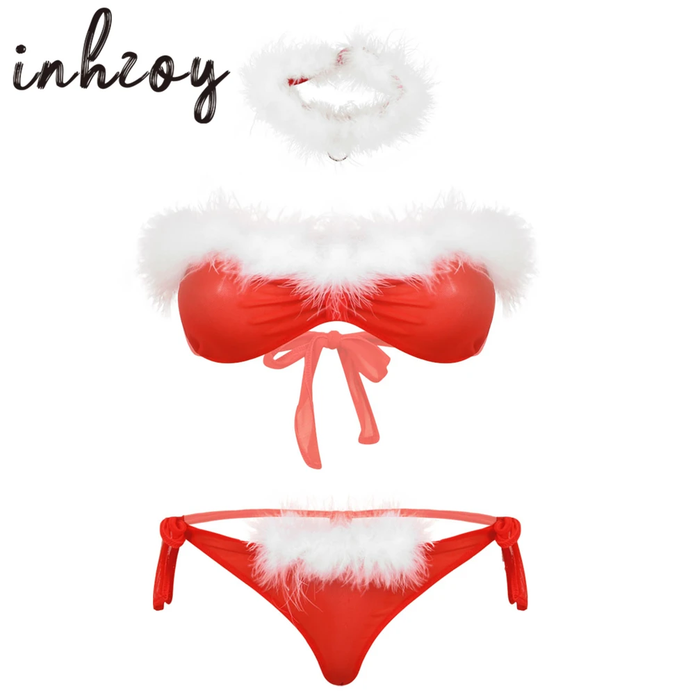 

Women Christmas Santa Erotic Costume Feather Trim Bra with Panties Mesh Sheer Lingerie Set Ladies Xmas Rave Party Sexy Underwear