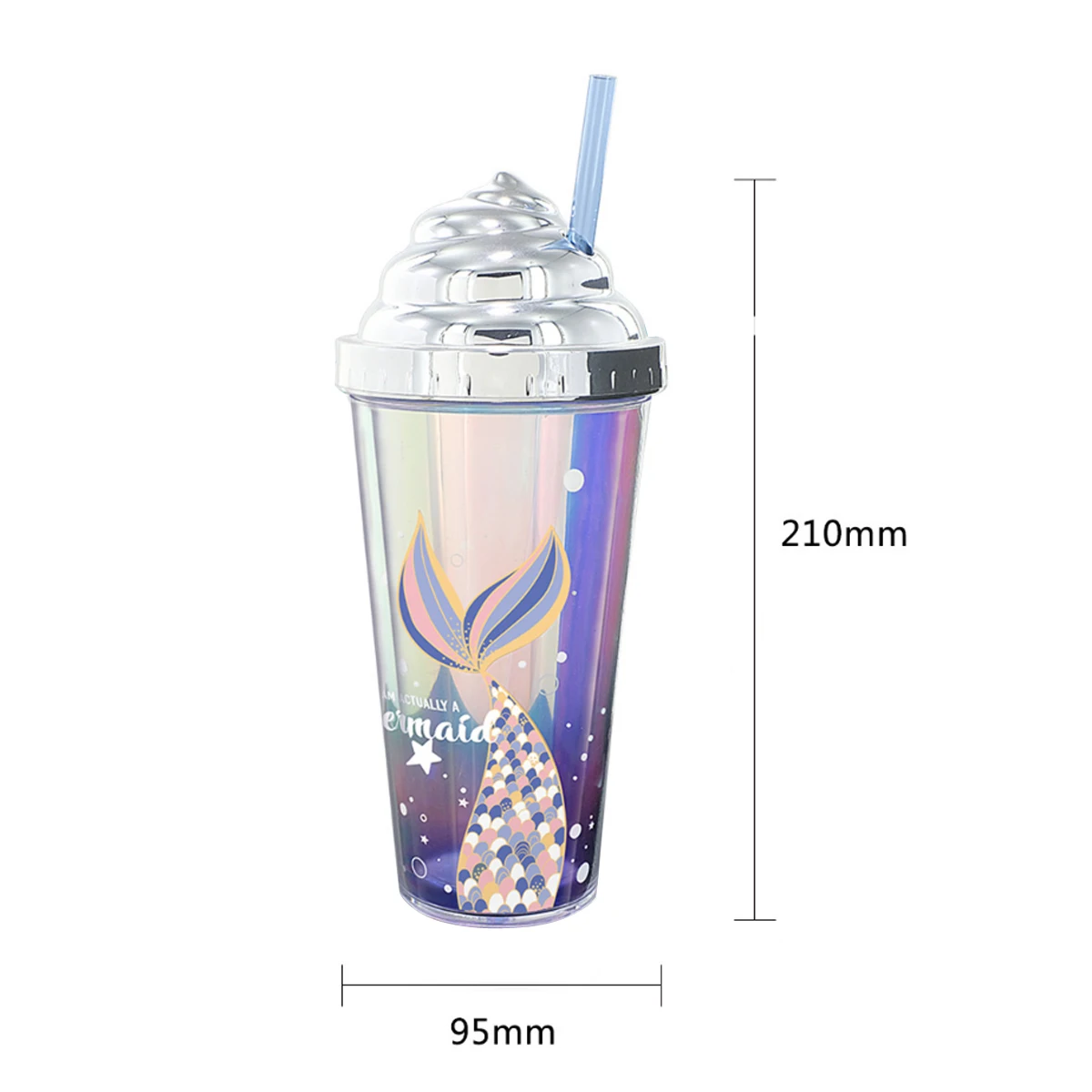 

Straw Cup with Sealing Cover Double-Layer Reusable Tumbler Cup with Mermaid Patterns
