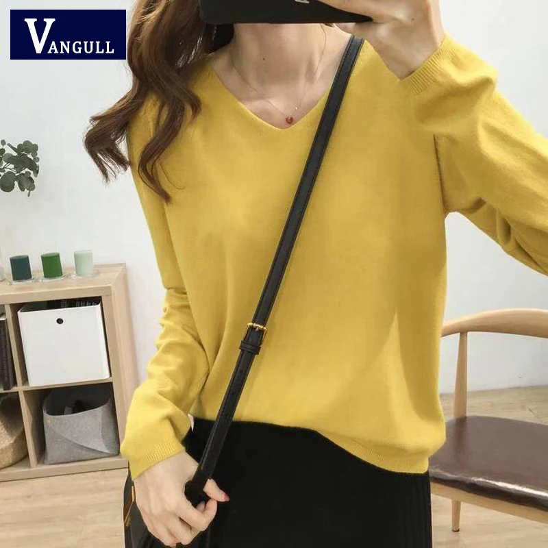 

Vangull Solid V-Neck Women Sweater Spring New Autumn Cashmere Sweater Solid Sexy Pullovers Coat Female Casual knitted Sweater