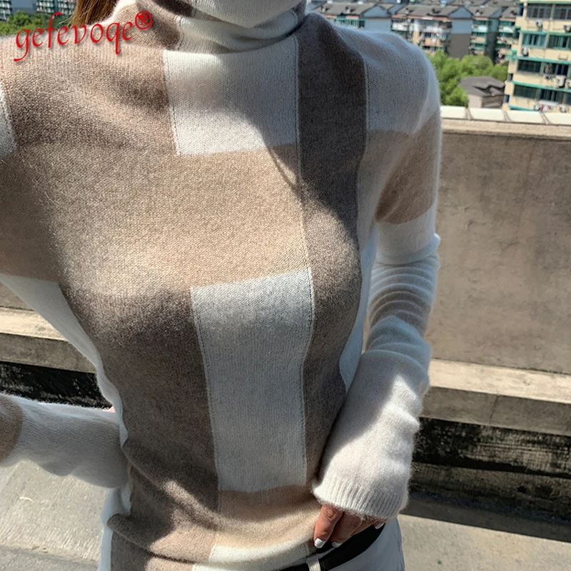 

Women's Cashmere Sweaters Autumn Winter Clothes Korean Elegant Fashion Patchwork High Collar Basic Knitted Pullovers Ladies Tops