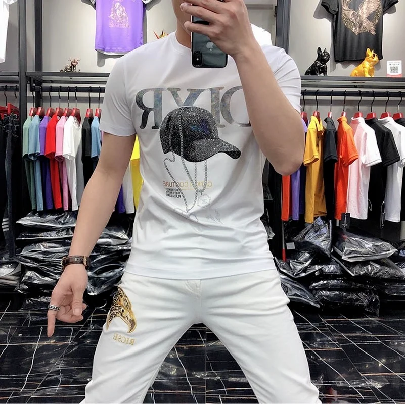

Rhinestone Printed Men T Shirts Summer New Streetwear Casual T-Shirt 2021 Brand Round Neck Breathable Funny T Shirts Tee Tops