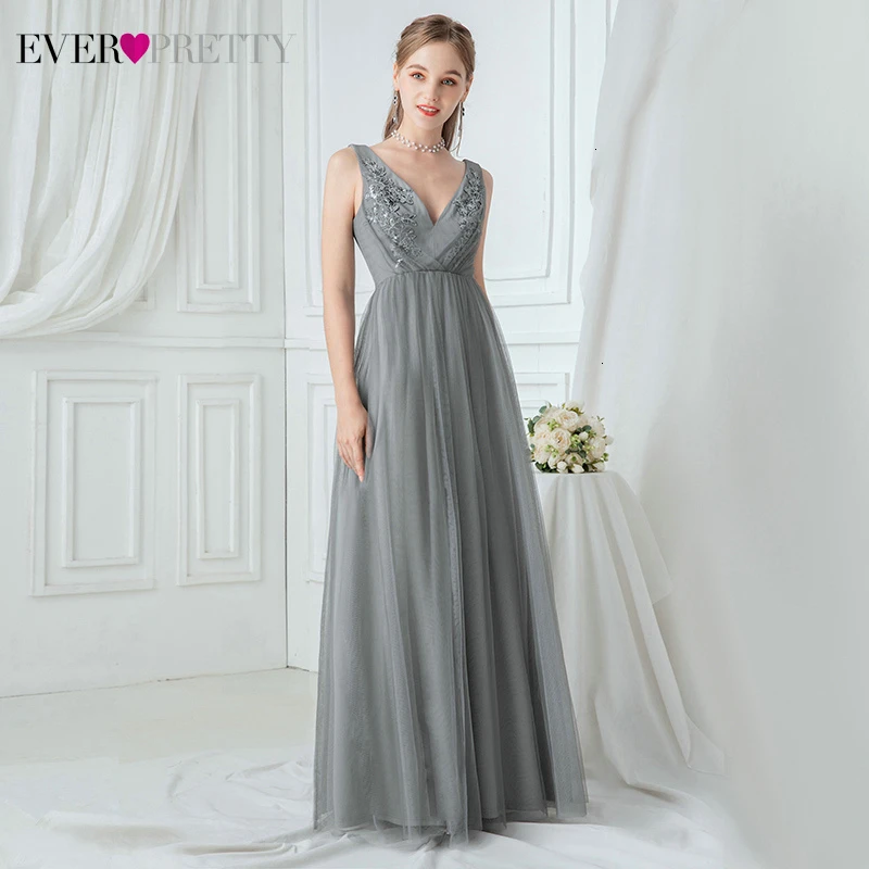 Grey Evening Dresses Ever Pretty A-Line Double V-Neck Sleeveless Appliques Tulle Elegant Long Party Gowns Abiye Gece Elbisesi