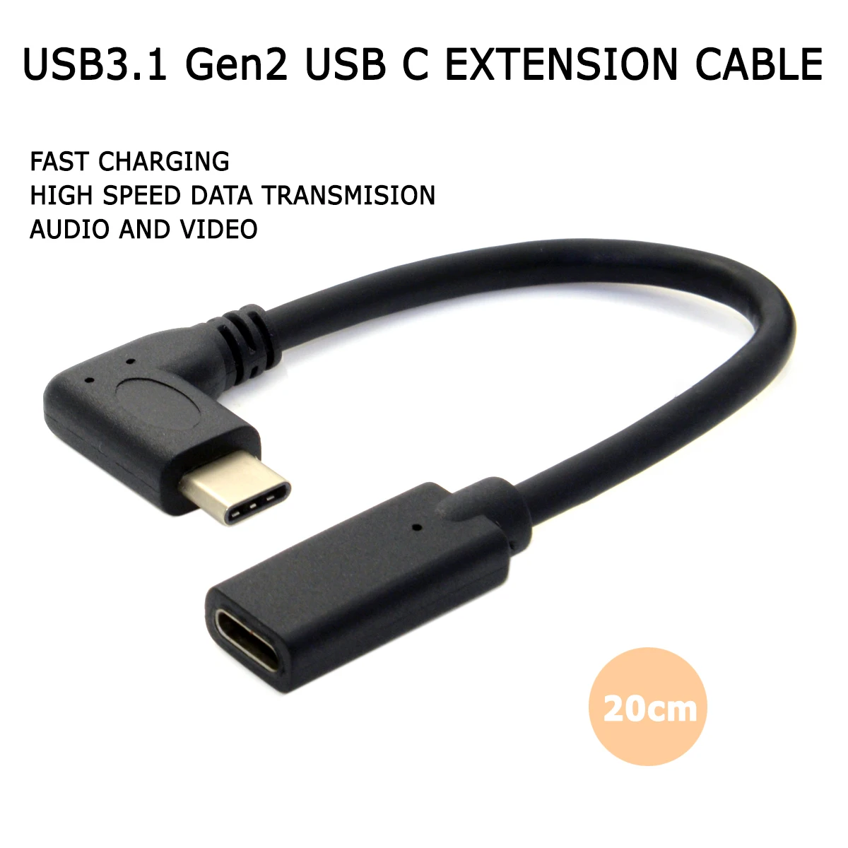 

90 Degree Right angle USB C Extension cable USB3.1 Type-c Male to Female 10Gbps 3A charging data cable for cellphone tablet