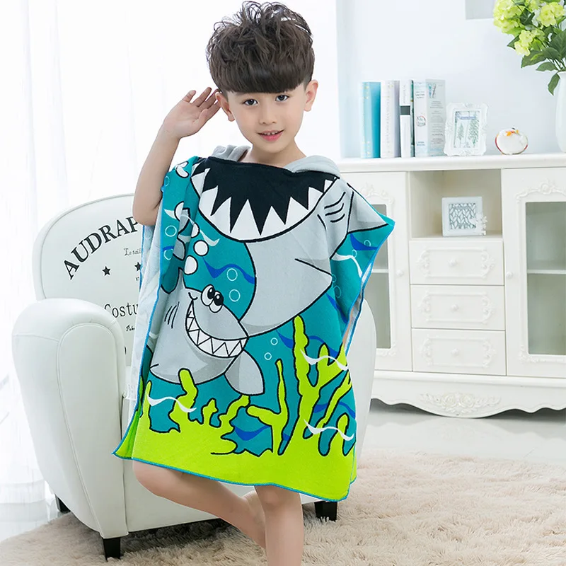 Large Cute Kids Hooded Bath Towel Cloak Cartoon Print Boys Girls Bathroom Beach Can Wear Super Absorbent Child Sunscreen Shawel images - 6