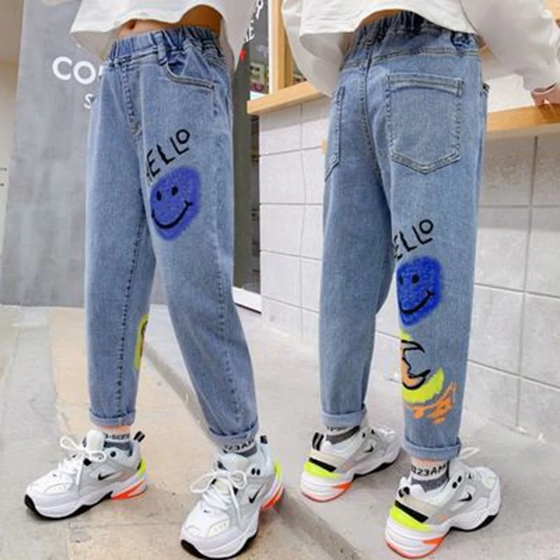 

Jeans For Girls Spring Cartoon Pattern Children's Jeans Elastic Waist Pencil Pants Casual Autumn Clothes For Girls 6 8 10 12 14Y