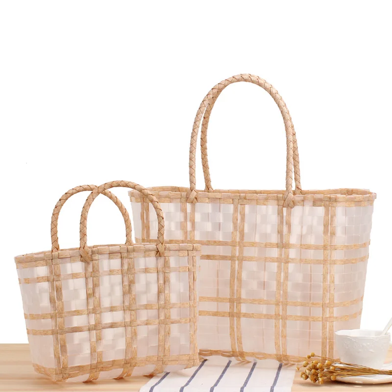 

One Piece Dropshipping Plaid Striped Hand-Carrying Vegetable Basket Transparent Plastic Beach Hand-Woven Gel Bag