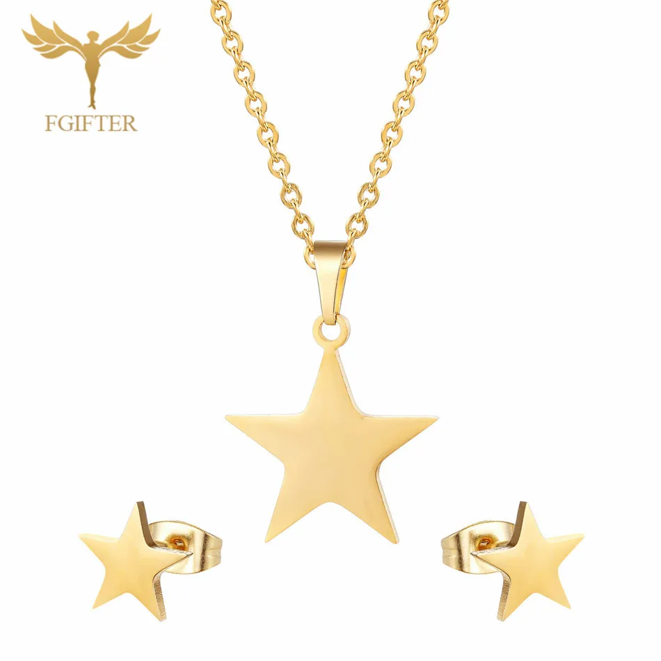 

Casual Women's Jewelry Star Pendant Necklace Earrings Women's Girl Ear Studs Necklace Fashion Gold Stainless Steel Jewelry Set