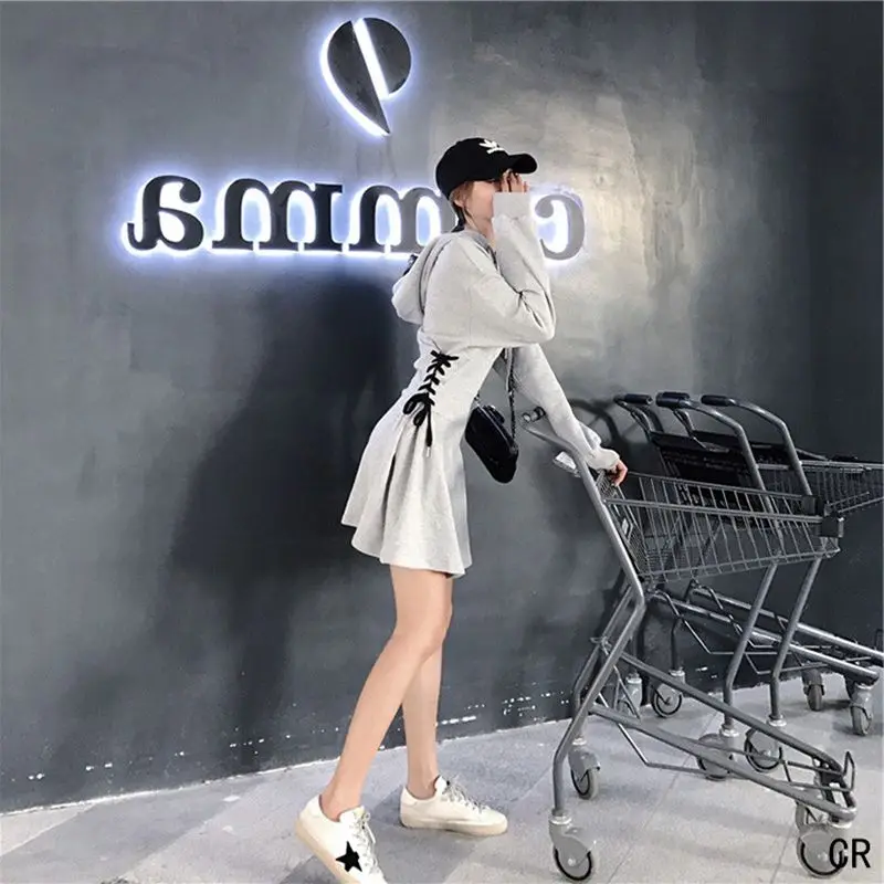 

Spring 2021 Hooded Dress Women Lace Up Waist Slim Black Gothic Dress Female Short Mini Harajuku Streetwear Vestidos