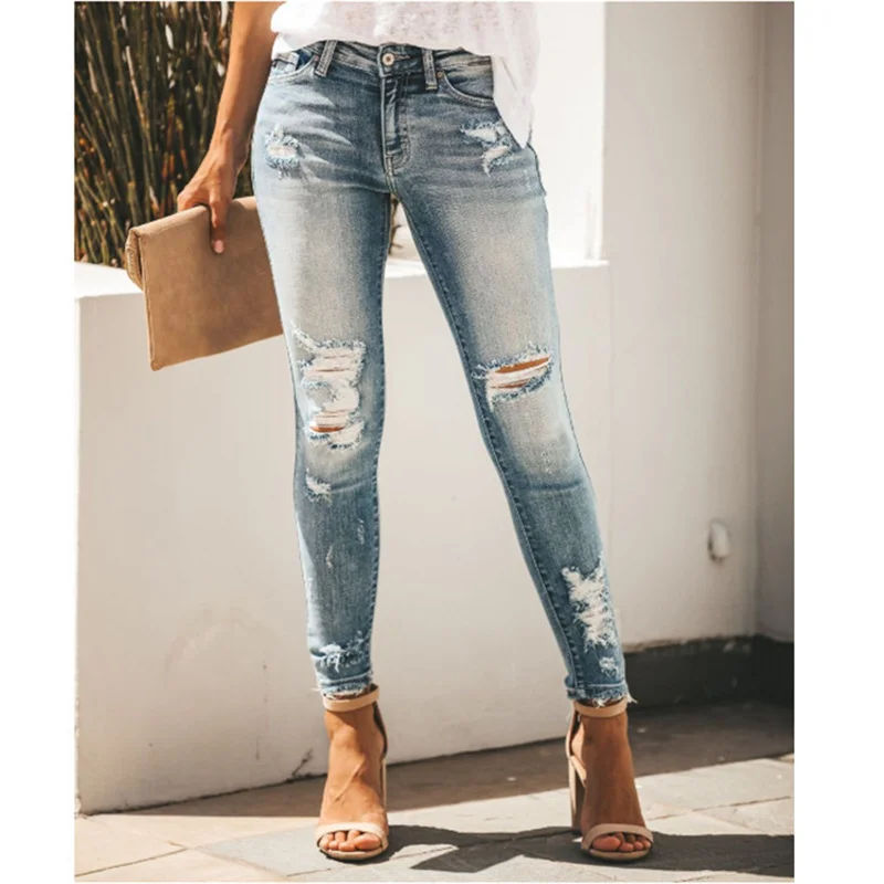 

Women Ripped Jeans Sexy Slim Fit Holes Mid Waist Denim Trousers Trendy Office Lady Washed Skinny Pencil Pant pantalones de mujer