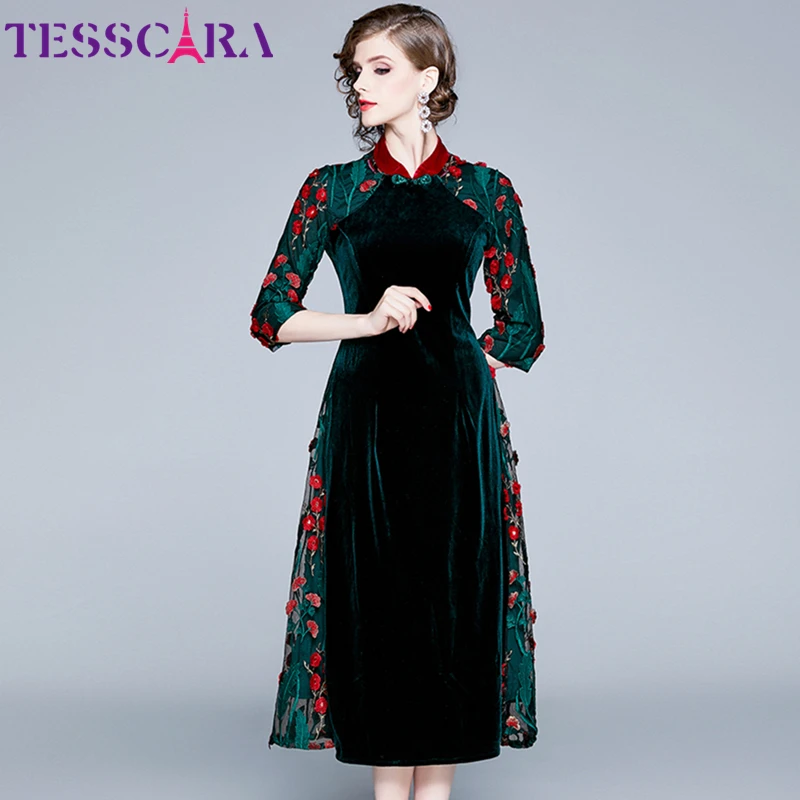 Женское роскошное бархатное платье TESSCARA с вышивкой женское Сетчатое