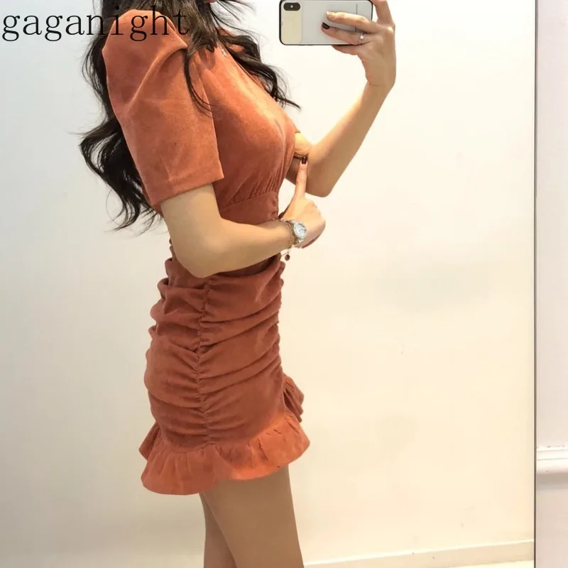Gaganight Corduroy Solid Fashion Women Mini Short Dress Ruched Slim Bodycon Ruffles Dresses Female Chic Party Vestidos 2021 New | Женская