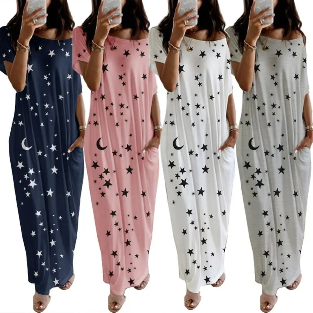

Women Casual Short Sleeve Stars Moon Print One Shoulder Pockets Loose Long Dress Loose Style One Shoulder dress
