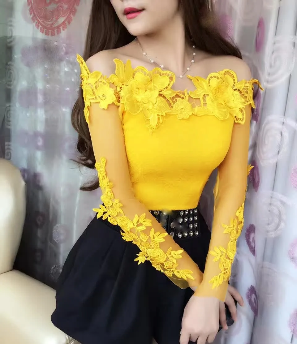 Летняя женская Милая Кружевная блуза с цветочным принтом, повседневная сетчатая блузка с длинным рукавом и вырезом лодочкой, сексуальные вечерние рубашки с длинным рукавом