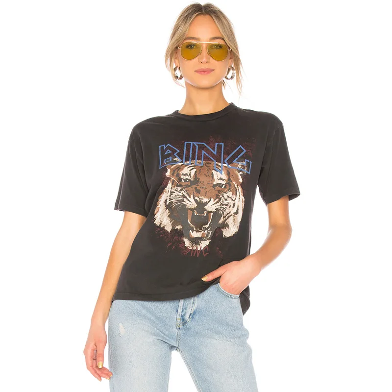 

Новинка, женская летняя черная хлопковая Футболка с круглым вырезом и принтом тигра, женские брендовые Модные женские топы высокого качест...