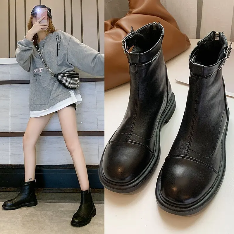 

2020 spring and autumn thick-soled all-match short boots tide British flat round toe women's shoes women's boots Chelsea boots r