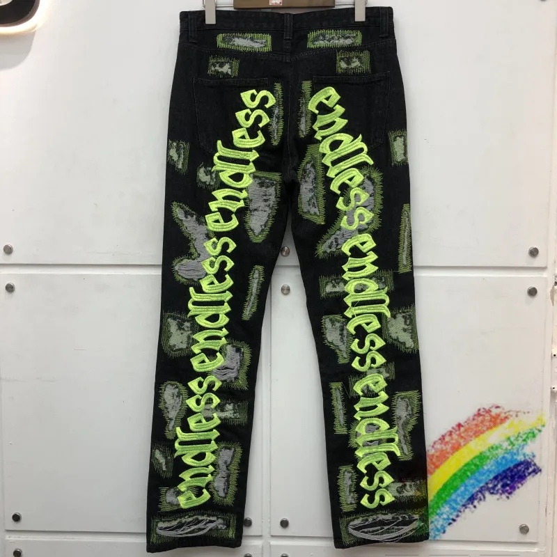 

Endless Damage Hole Distressed Denim Jean Men Women Straight Fluorescent Green Letter Embroidery Denim Pants