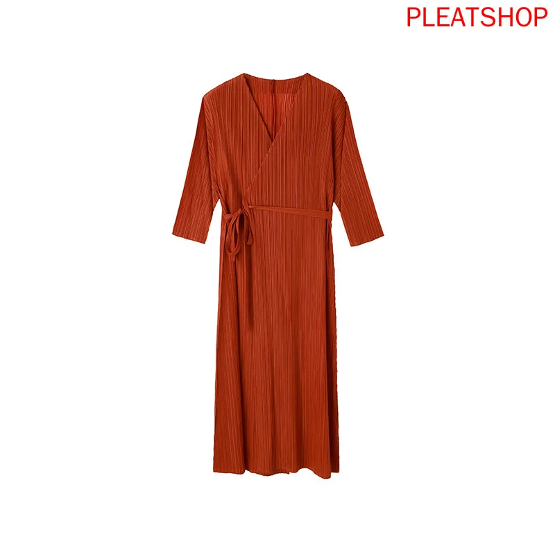 

Miyake Pleated Solid Color Women's Long Coat Three-Quarter Sleeve Buckle-Free Casual coat with Rope Trench Coat Abrigo Mujer