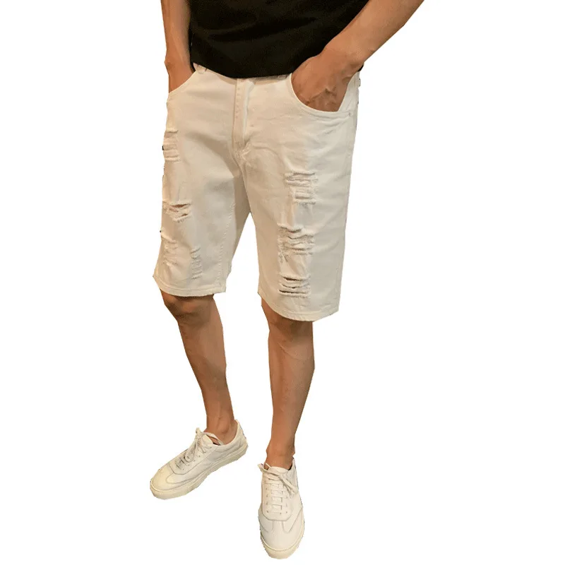 

Denim shorts men's hole beggar five-point pants trend Korean version of slim middle pants summer thin loose jeans