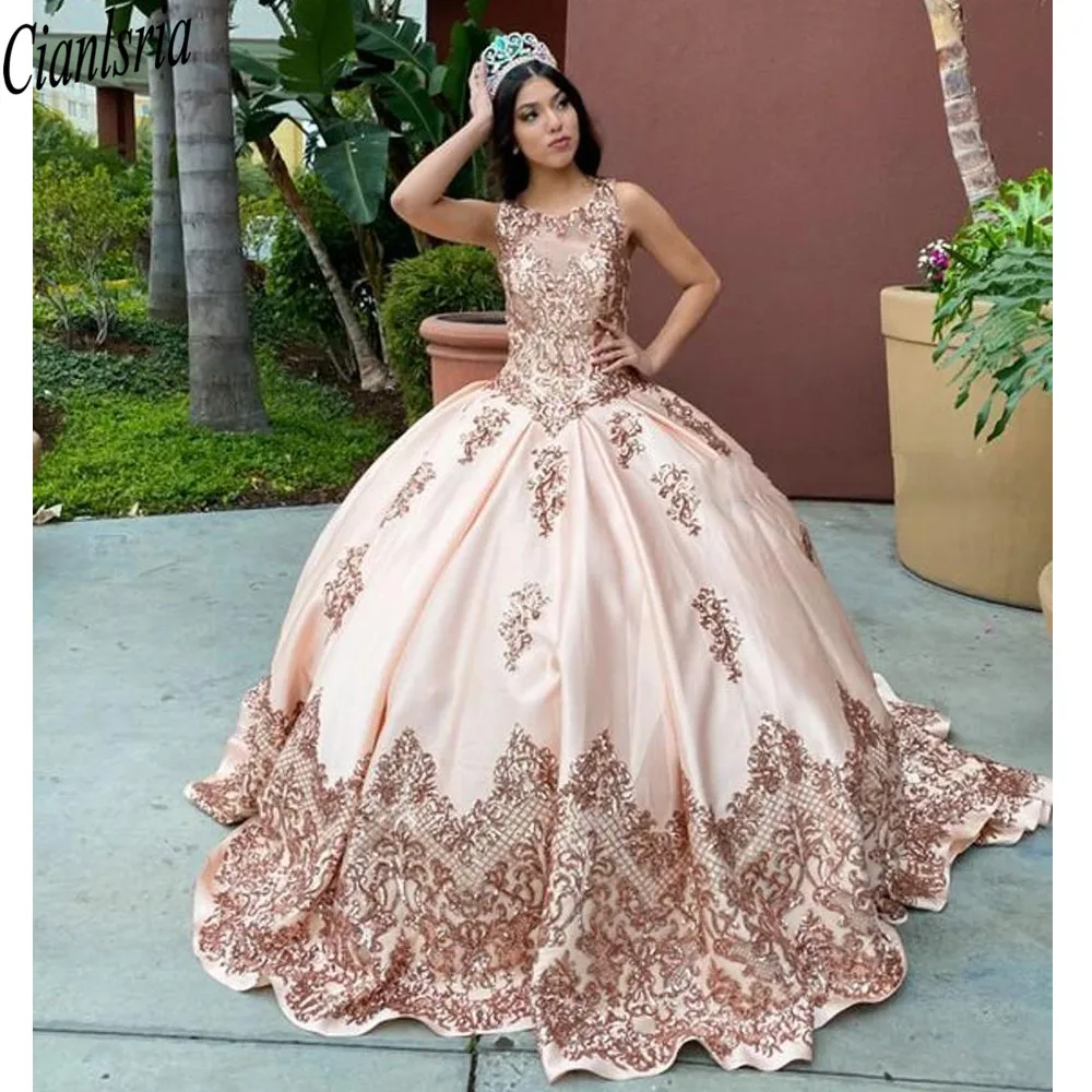 

New Light Pink Quinceanera Dresses with Seuqins Applqiues Sleeveless Sweet 16 Dress Sweep Train vestidos de quinceañera
