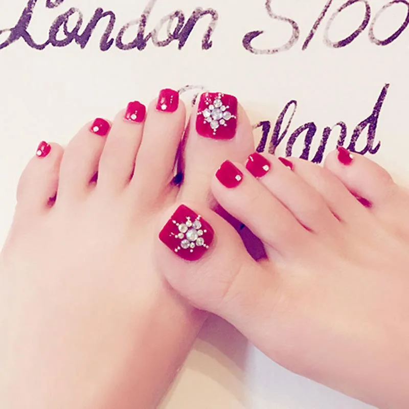 

2021 24 Pcs/Set Fashion Foot False Nail Tips Shining Rhinestone Women Ladies Fake Toes Nails With Glue Toe Art Tool Nail art