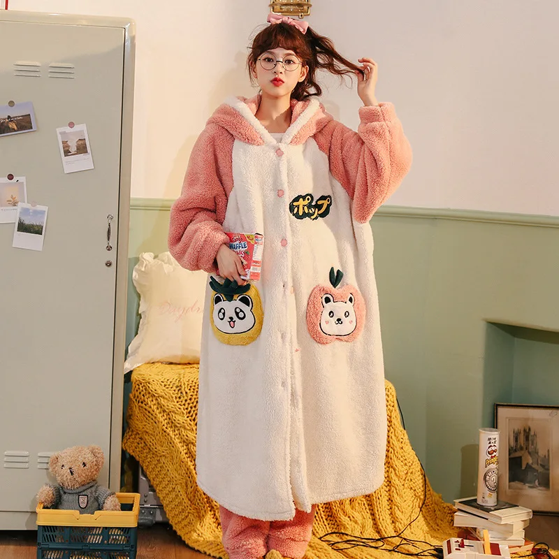 

Young Lady 2PCS Hooded Pajamas Suit Winter New Nightwear Flannel Warm Sleepshirts&Pant Home Wear Cute Cartoon Plush Sleepwear