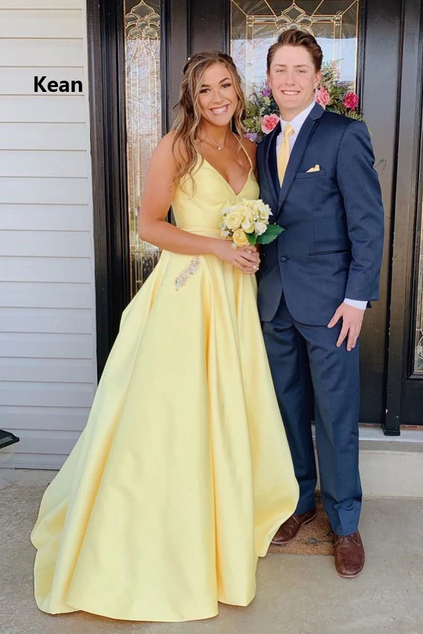 

Желтые платья на выпускной, на тонких бретельках, с v-образным вырезом, с карманом, с открытой спиной, вечерние платья, вечерние платья, Robe De ...