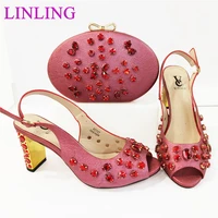 african hot selling italian design fashion special colorful crystal comfortable style women shoes and bag set in red color