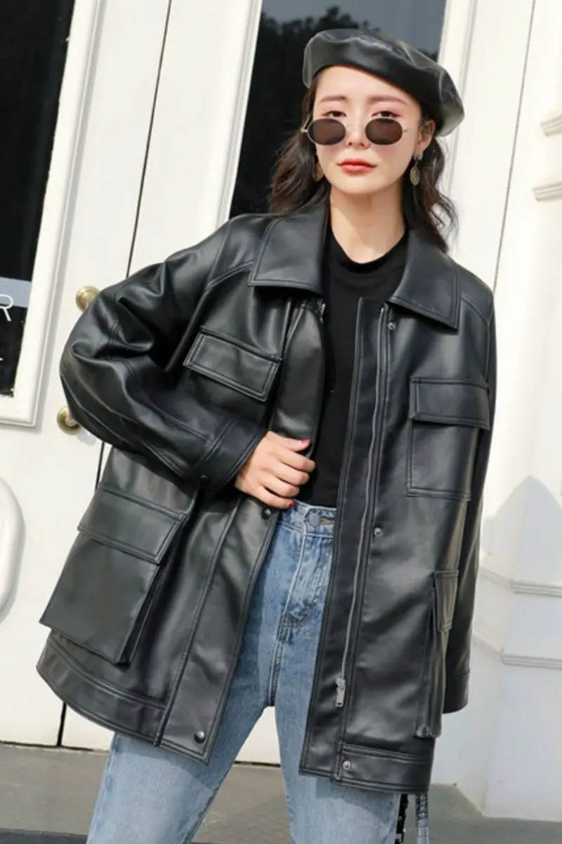 

FMFSSOM Spring Autumn Four Big Pocket 2020 Chic Loose Design MotoBike BF Vintage Retro Women Lady Pu Leather Jacket