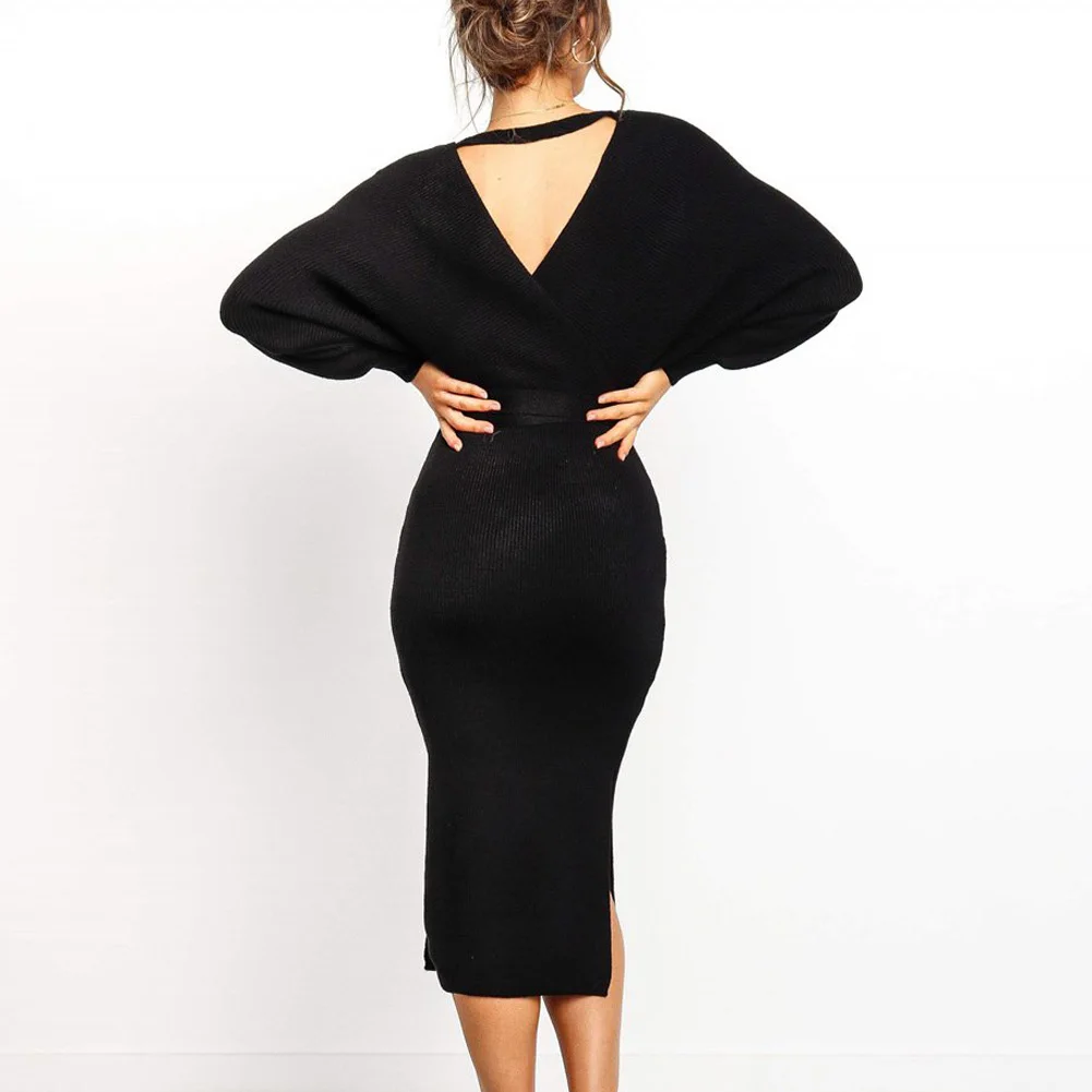 5 Colors Women Dress Fashion Elegant Sexy V-neck Autumn Winter Long Sleeve Midi Dresses S-XL Female Black Slim | Женская одежда