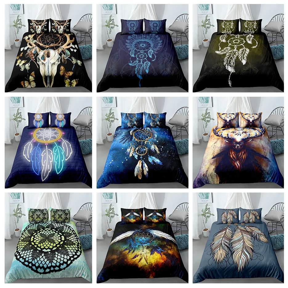

Bohemian Dream-catcher Bedding Set Colorful Feather Duvet Cover Pillowcase 3D King Queen Single Size Bed Sets