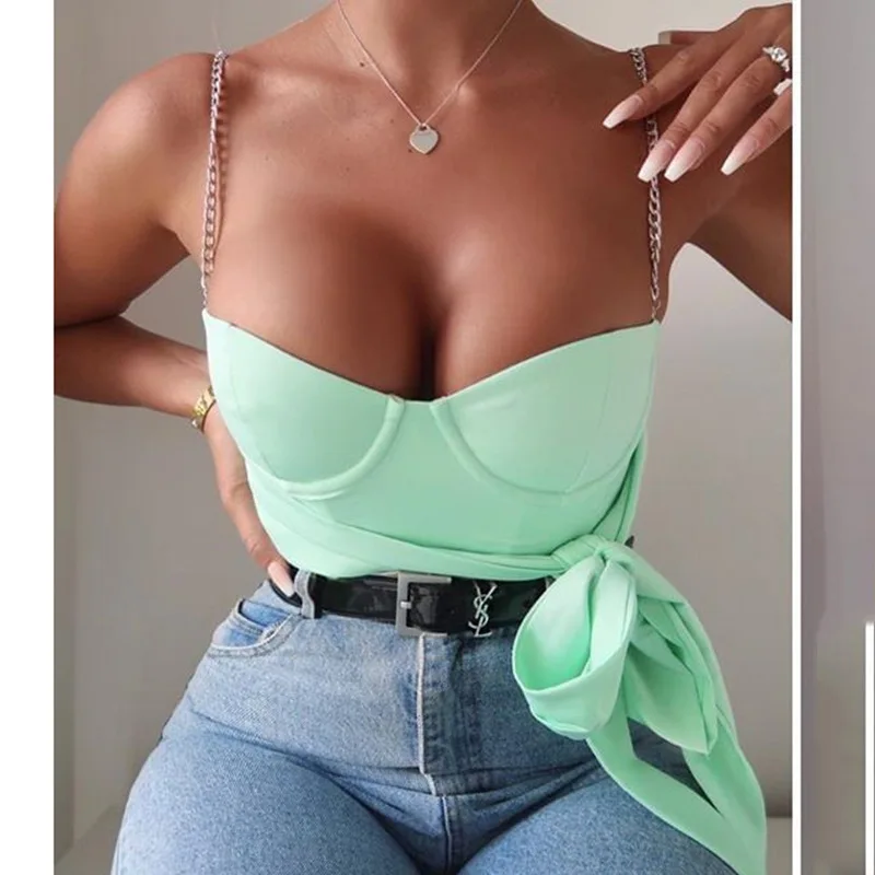 Women Sexy Summer Beach Chain Strap Boob Tube Tops Cropped Bandage Bowknot Sleeveless Party Club Camis Mujer Verano | Женская одежда
