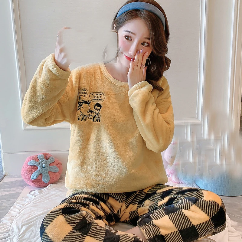 Женская пижама из кораллового бархата комплект одежды для сна фланелевая