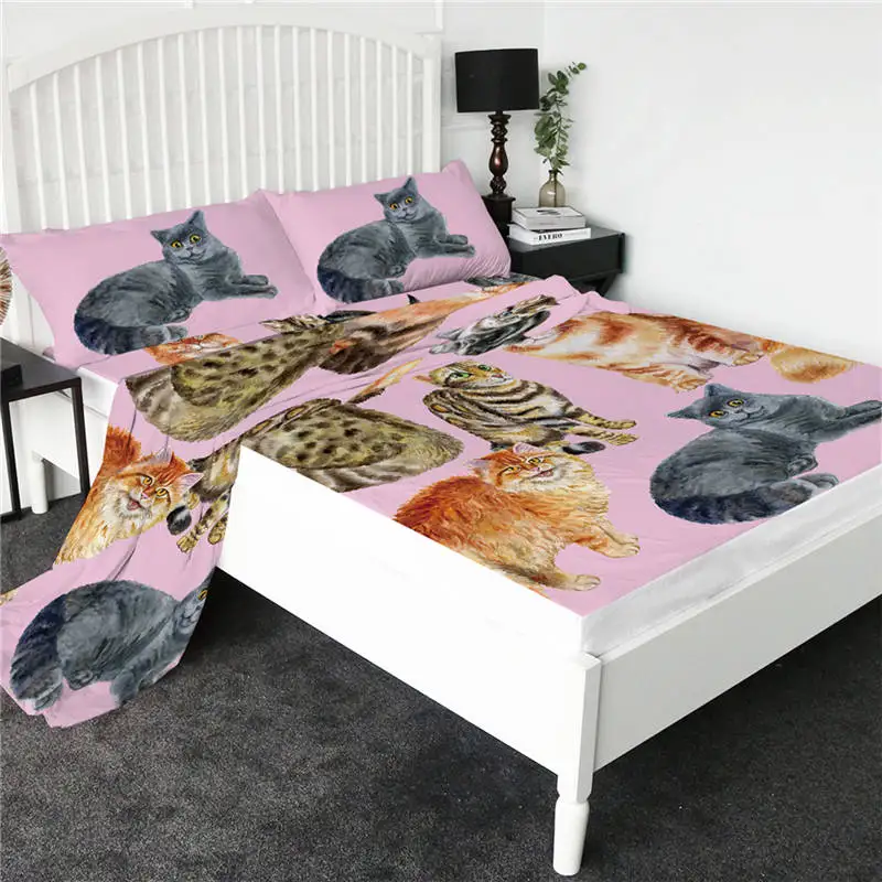 Pink cat BeddingOutlet простыня с мультяшными котами, цветная простыня с единорогом, плоский лист с наволочкой, постельные принадлежности, 4 шт., наматрасник - Цвет: Pink cat