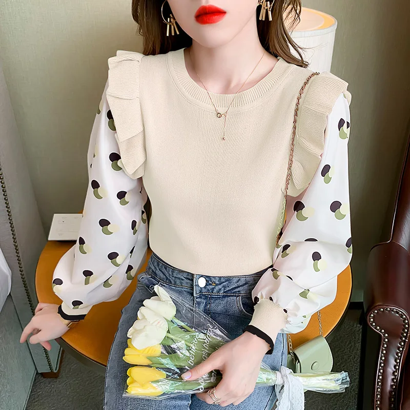 

Korean Knitted Patchwork Tops Women 2021 Autumn Chiffon Lantern Sleeve Pull Femme Ruffles Pullover Women Sweaters Cropped Tops