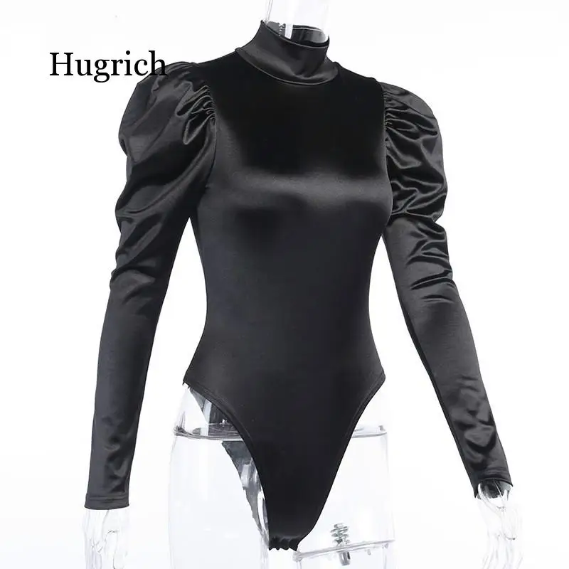 

Women Sexy Casual Stain Turtleneck Long Puff Sleeve Bodysuit Tops Black Ribbed Female Fashion Party Short Romper Bodysuit