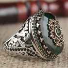 Винтажные большие с зеленым камнем овальной формы кольца для мужчин и женщин, ювелирные изделия в стиле панк, античное металлическое кольцо с резным ажурным узором и крошечными бусинами