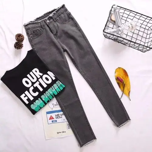 

2019 Autumn and Winter New College Style Skinny Stretch Jeans Women High Waist Frayed Ankle Length Pants Pencil Pants