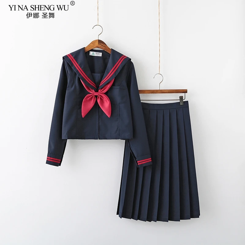 Navy Blue Japanese School JK Uniforms Sailor Suit Top Pleated Skirt Suit for Girl Student Cosplay Clothes Women Shop Long Sleeve