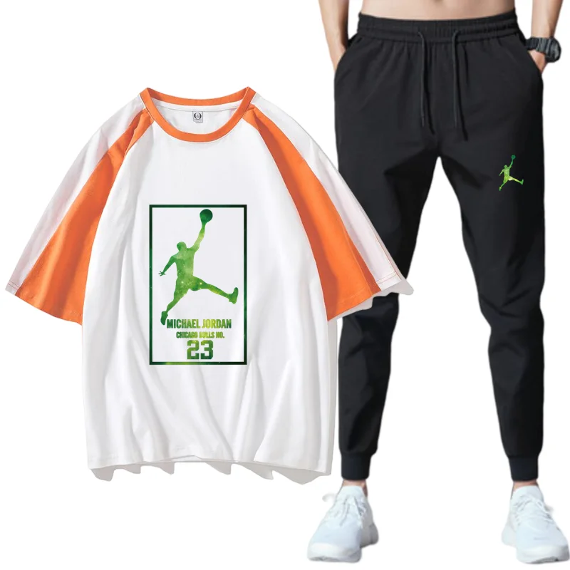 

Track suit men's new 2021 summer two-piece men's middle-sleeved 5-point sleeve T-shirt top + shorts suit men's sportswear suit