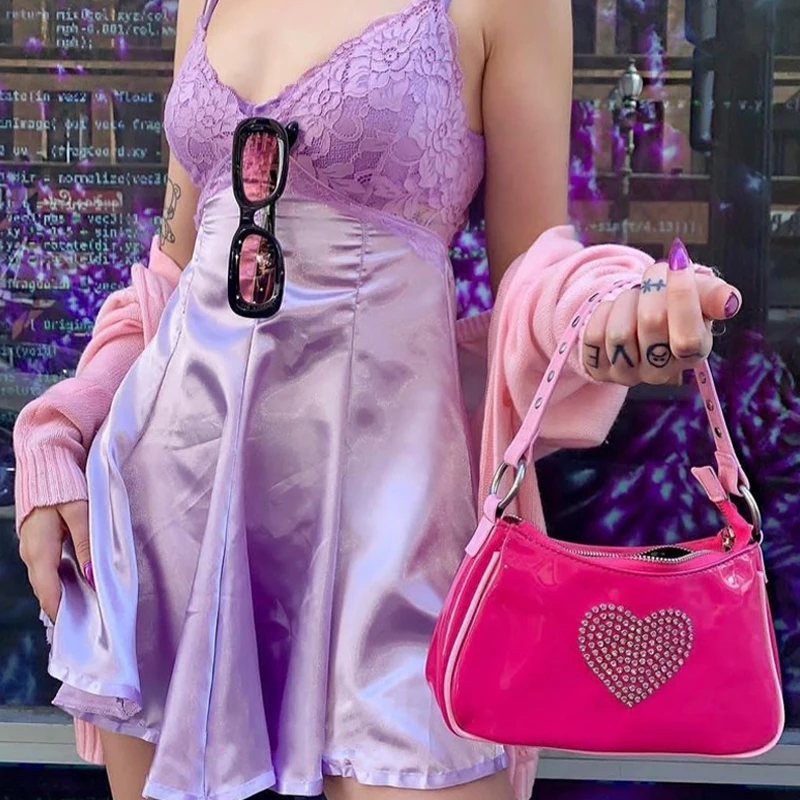 Sweet Girls Cute Kawaii Pink Baguette Bag Women 90s Vintage Rhinestone Heart Mini Handbag Chic Patent Leather PU Axillary Pouch | Багаж и