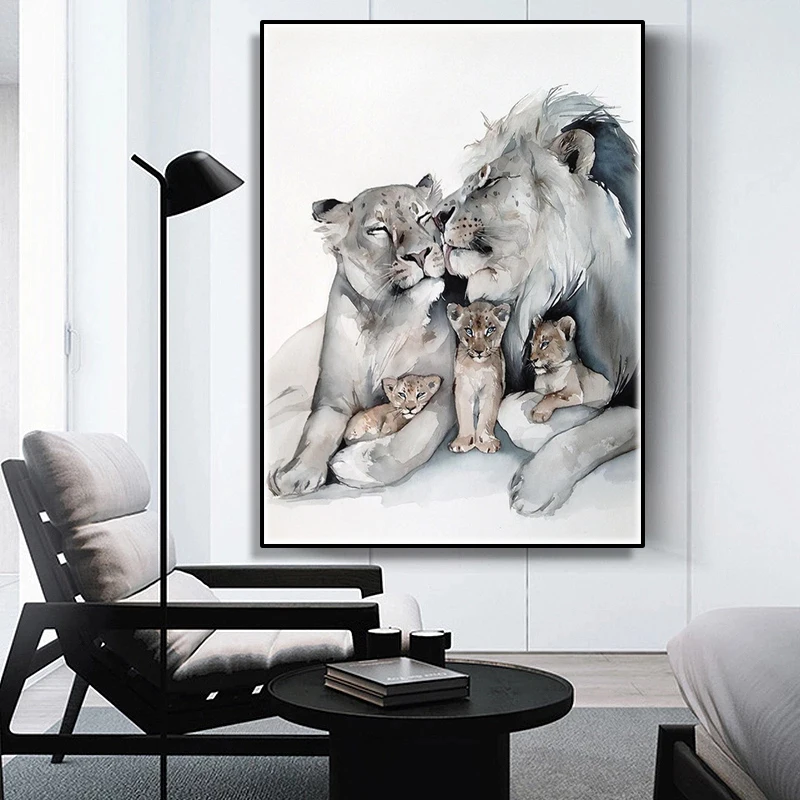

Modern and simple lion canvas paintings and art posters, a warm family of lions decorate the family living room.