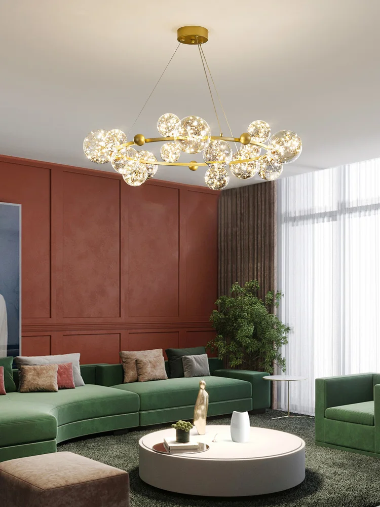 

Nordic LED Glass Ball Chandelier For Dining Room Kichen Long Ring Golden Living Room Fixtures Home Decora Indoor Hanging Lights